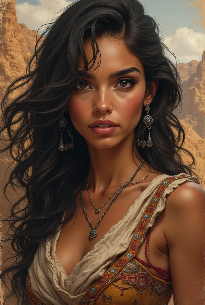 School portrait photograph of a beautiful half-Spanish, half-Black woman, in your 30s, Chocolate brown hair, long wavy hairstyle, hazel eyes, EYES LOOKING DOWN, caramel skin tone, Straight Nose, heart shaped face, fleshy lips, large breasted, 30 years old, diamond face, starry sky background, Depth of field, with royal clothes ((viking Celta)) with real hair braided with feathers, High definition art, piercing, Green gentle eyes, well defined face, Mountains in Midgard detailed and sand in the background, night with glowing sand particles illuminating the scene, style artgerm, 32 mil, ultra HD, unreal mechanism rendered, hyper-realistic image, camara canon r6 objetivo 100mm 2.8f retratoo That's a smile, posando, bust behindThis isThis is. altamThis isntThis is rThis isalistic, PThis is deathThis is the burning of the African sun, appealing, hipThis isrrThis isalism, pThis is very This is elaborate, look rightThis is, night sky, futurist, (Work of artThis is artThis is, ultra detailed, A high rThis is solution) , I don&#39;t want these to be human, There is a flow of energy, This is very real, light shades of This is purple This is blue, ultra dThis is detailThis is.