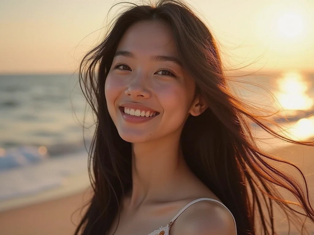 8K, (Surrealistic: 1.35), (realistic: 1.4), 1 Beautiful Japan Girls, smile, One, light makeup, masterpiece, excellent quality, high quality, puberty, (((White sexy underwear)))、 ((perfect body)), ((best image quality)), ((time)), ((very delicate and beautiful)), ((Very shallow depth of field)), nffsw, ((incredibly shallow depth of field. familiar with)), (((very delicate and beautiful))), (((Very shallow depth of field))), nffsw, (((incredibly absurd))), (((perfect body))), (((long black hair)))), (((Camera Eye))), (((small))), (((幸せな最高のsmile))), poor, Own + background, dynamic angle, female focus, {particles of light}, detailed background, ((paul hedley)), soft lighting, (dramatic) sunset), sunset, very beautiful sunset, live action, realistic, top angle, かわいいsmile, (background blur), 18-year-old, skinny, ((strong wind)), ((movement ))), ((emotion)), ((colorful)), ((baby face)), ((beautiful teeth)), Withering, ocean background、