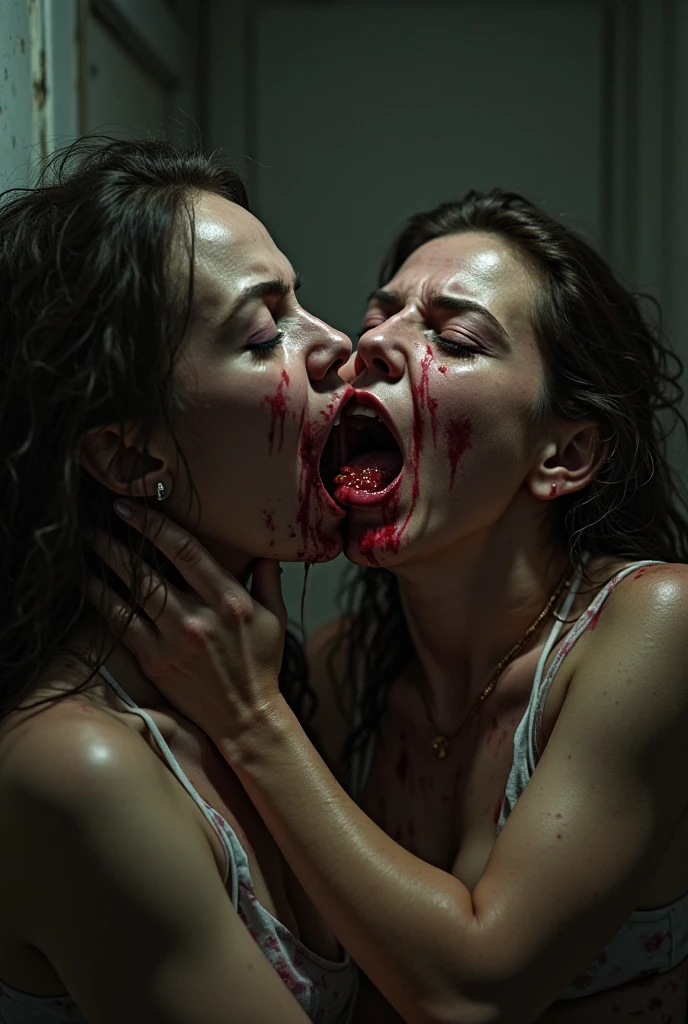 Cannibal woman biting chubby woman's neck