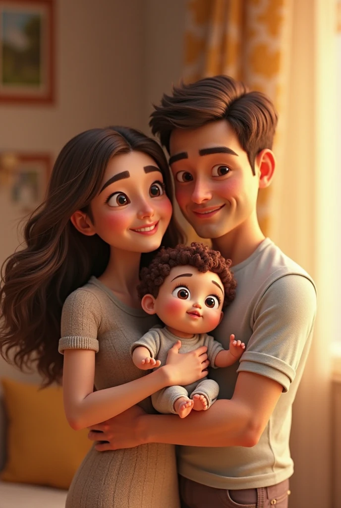 Pixar white woman with brown hair and green eyes happy hugging white baby with blue eyes and long hair happy next to white man with blue eyes pixar