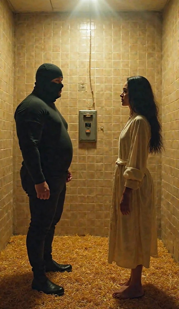 man tightening rope noose around samoan woman neck, latex pvc bodysuit,16-year-old woman, man putting rope around woman's neck, womanserious expression, woman empty expression, wide-eyed, scared, execution by hanging, gallows