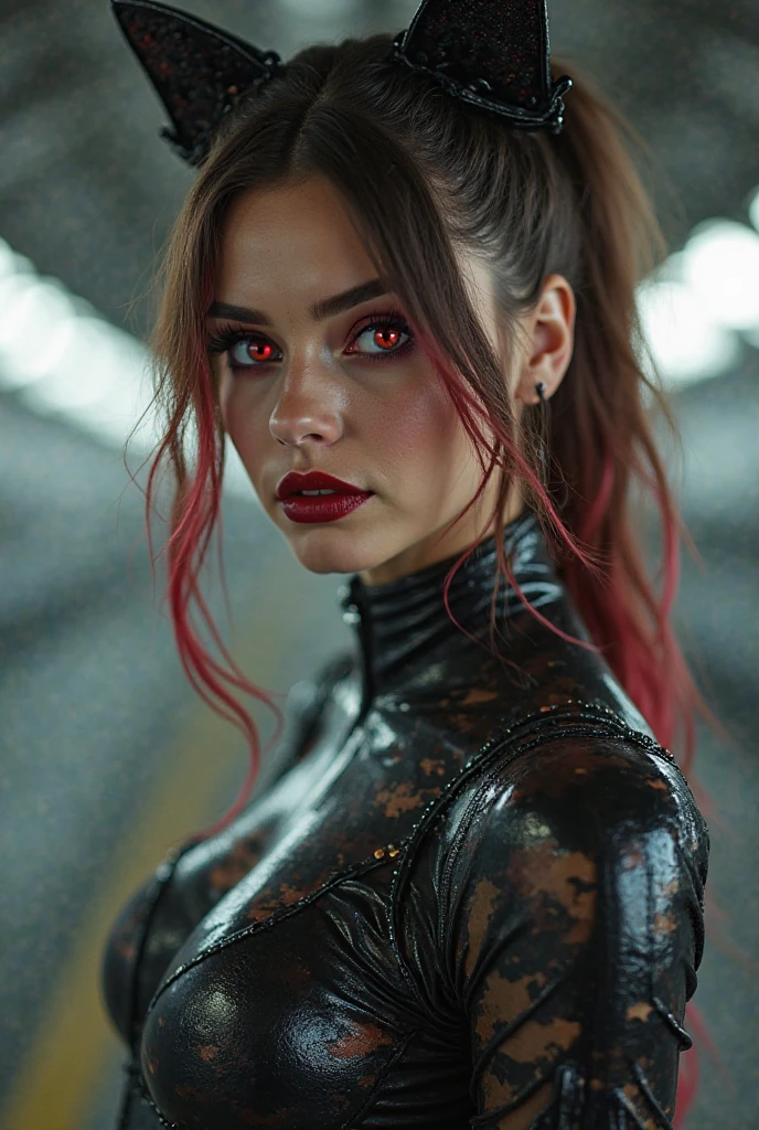 (best quality,8k,ultra-detailed,realistic), extremely detailed photo of a black woman, scarlet witch, wearing black lace dress, open red leather jacket, black pantyhose, model photoshoot, photography, studio lighting, professional, vivid colors