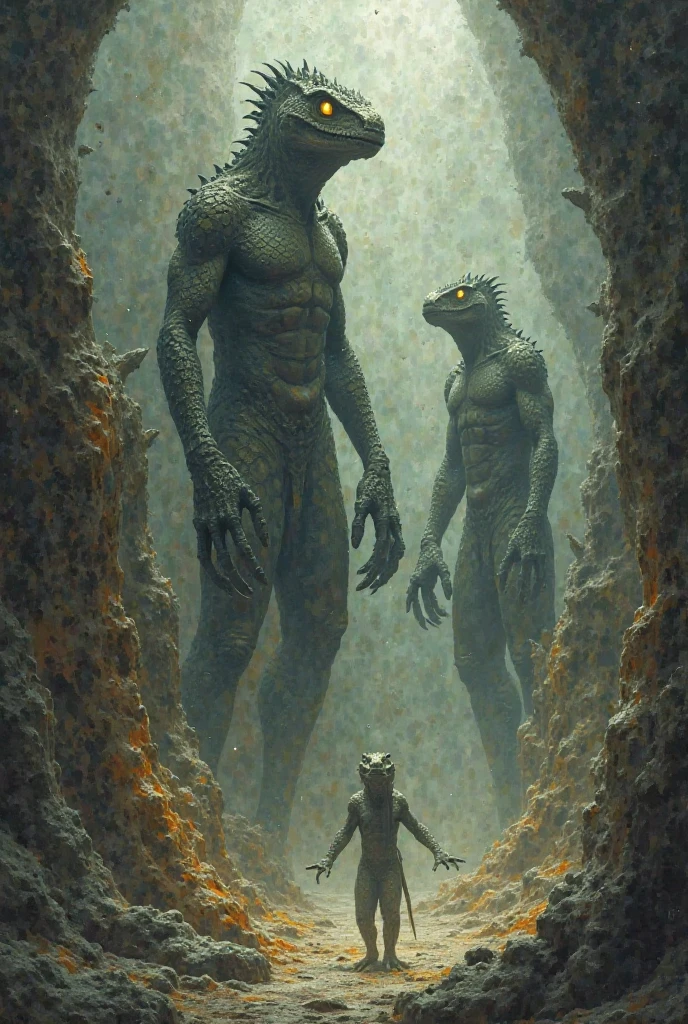 A reptilian Man and son and his sensual dark green scaled reptilian Woman on top of a temple.  She observes a huge forest from afar , and they are with their arms outstretched high feeling the rain and lightning