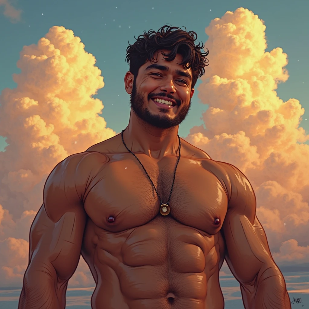 Hyper detailed gouache painting of a handsome, hairy male, With Big hairy dick, playful smile on his face, Hairy Armpits, [hyper realistic], handsome with big dick, Big Pink Nipples,  Greek, brunet, 1 boy, chiseled features), (dark magic: 1.2), mature, warm illumination, shirtless, natural hairy glossy skin, dick visible, looking at viewer, curly hair, (volumetric lighting), atmospheric perspective, dust particles, light axis, (e_foxy:0.7), m_wlop, (e_landscape:0.7)