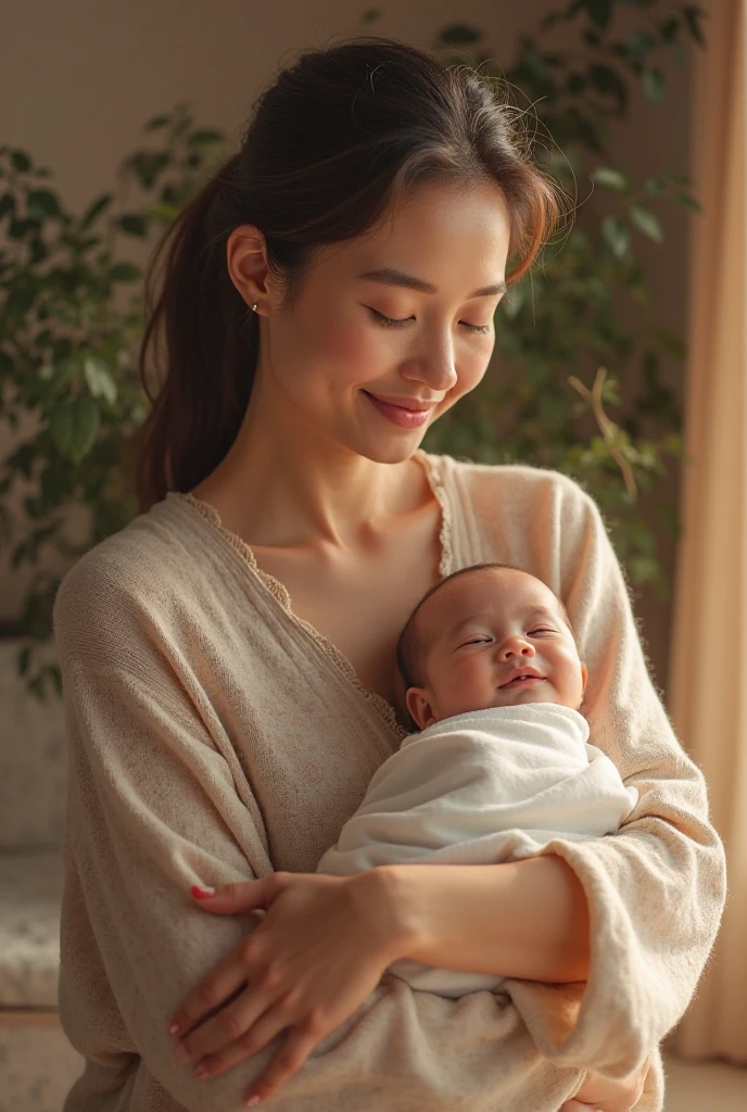 Photo of a young Korean woman, with a in her arms.