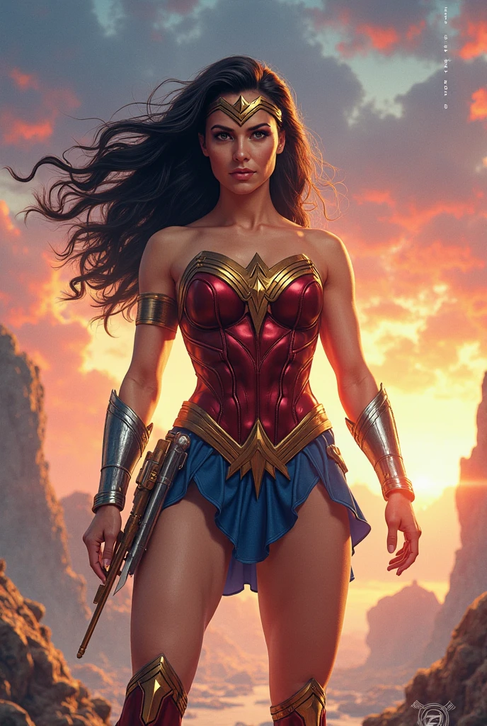 4K, Wonder Woman, muscular body, long hair, metallic suit, holding sword and shield, rage on the face.
