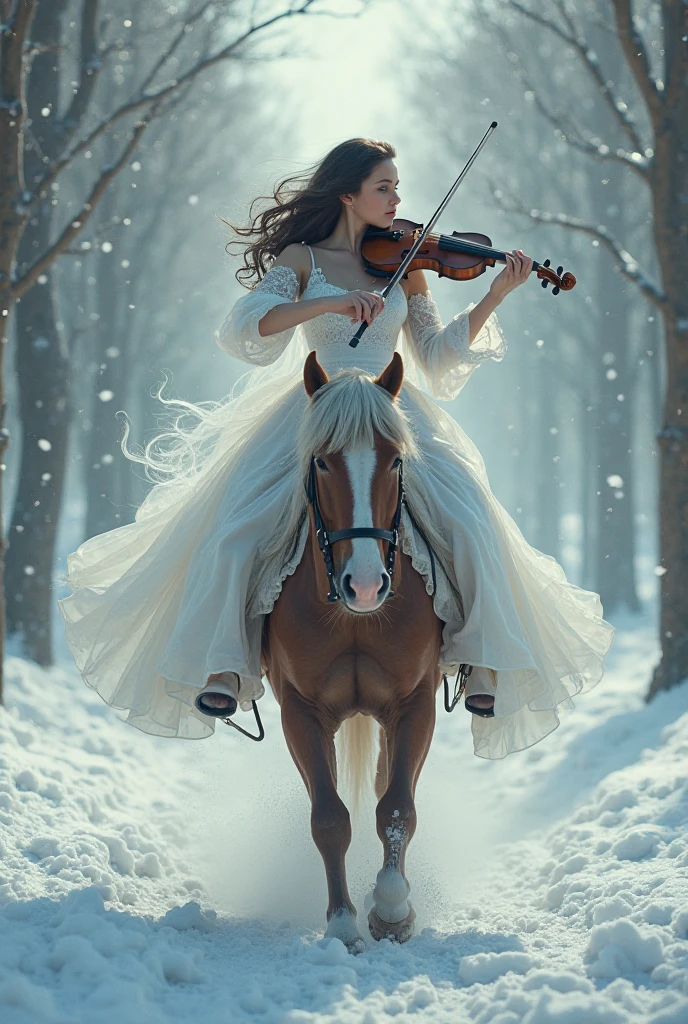 A girl in a white dress who plays the violin while riding a horse in a snowy forest and in white fog