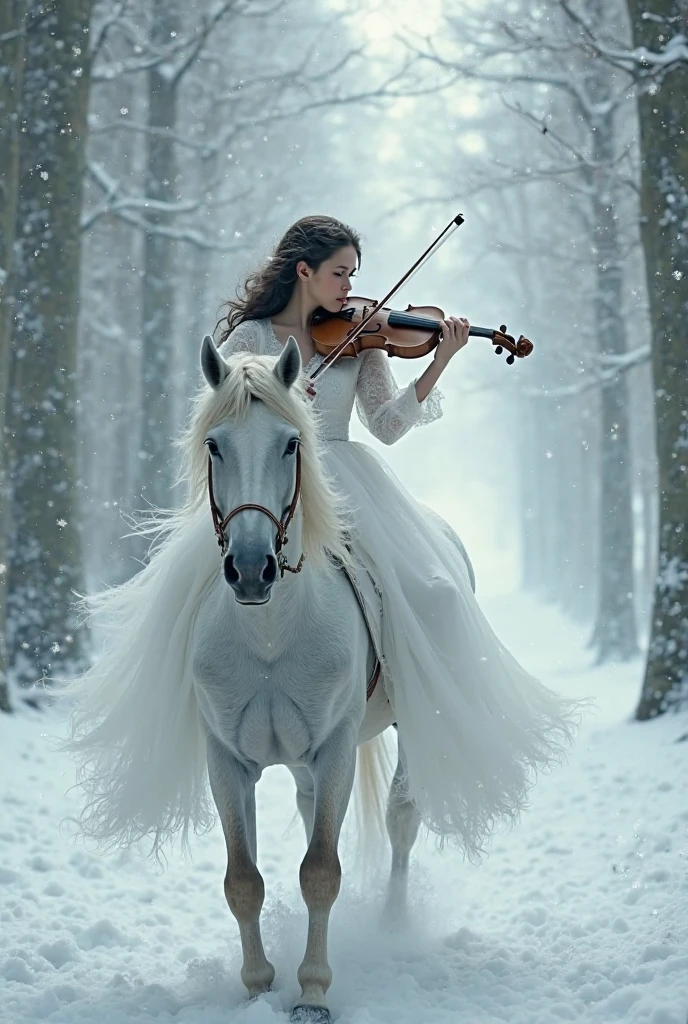 A girl in a white dress who plays the violin while riding a horse in a snowy forest and in white fog