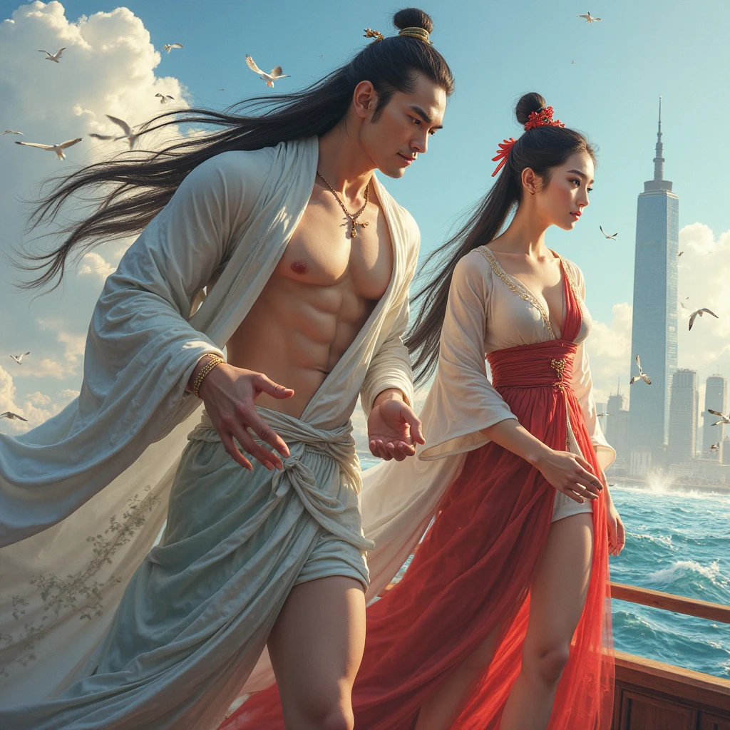 (couple cuddling) rough man Zeus muscles naked, beauty, sexy, big breasts, cleavage, bare legs, see-through, arms open, standing, hanfu, wet, clear, realistic, highest detail, Chinese mythology, dragon pattern, phoenix, sacred, holy, mountains