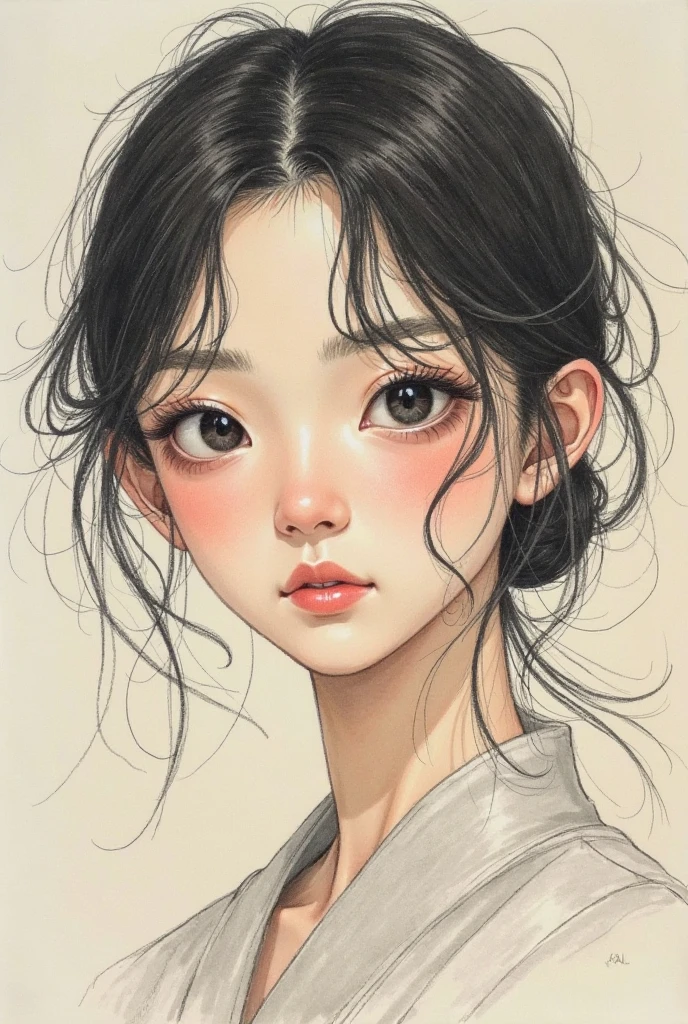 a drawing，It depicts a girl with long hair tied into braids, digital pencil painting, Realistic cute girl painting, inspired by Zhu Derun, inspired by Du Qiong, inspired by Li Mei-shu, inspired by Zhang Yan, inspired by Li Fangying, inspired by Mei Qing, inspired by Yun Du-seo, inspired by Yao Tingmei, Inspired by Tang Yifen