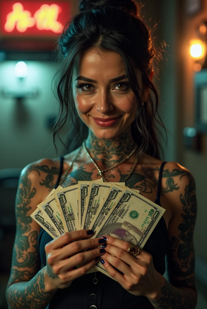 A cabaret girl in the American Midwest in the 1870s, vulgar but sexy, a mature woman with flashy make-up, old-fashioned low-cut dress, large breasts, smiling with a dollar bill between her breasts, monochrome, sepia, dark shadows, a woman who loves money, the camera draws the dollar bill between her breasts in detail, high-definition realistic, professional lighting,