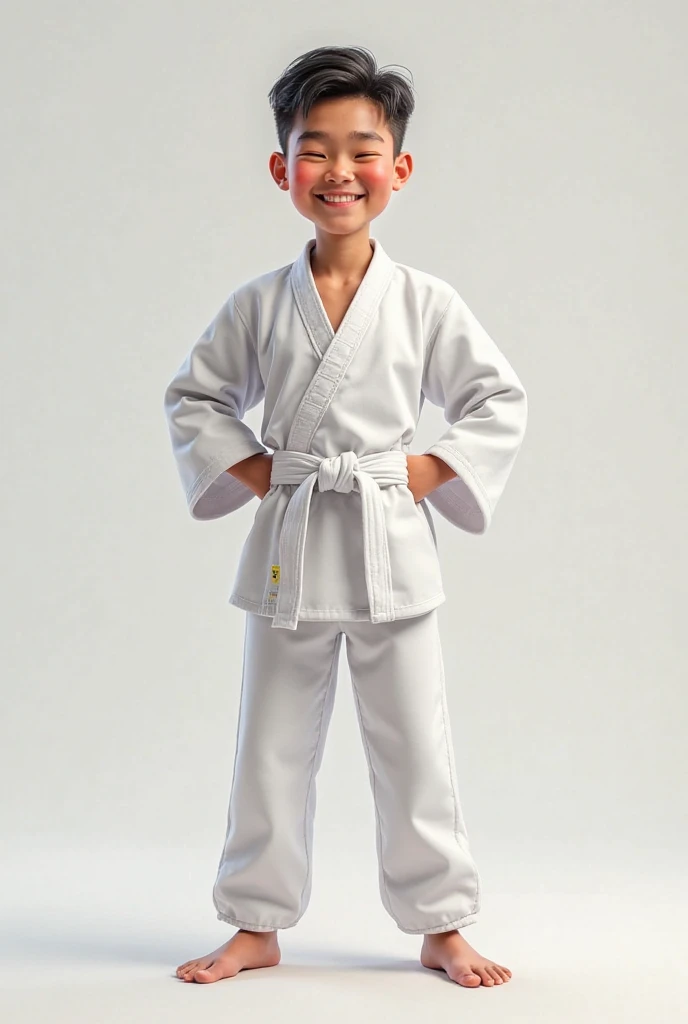 A Pixar movie thrill, Inside Out 2, A 7-year-old boy with short, wavy blonde hair, greeneyes, dressed in a white kimono, with gray jiu jitsu belt, he's in a ufc style fighting ring. cartoon pixar style