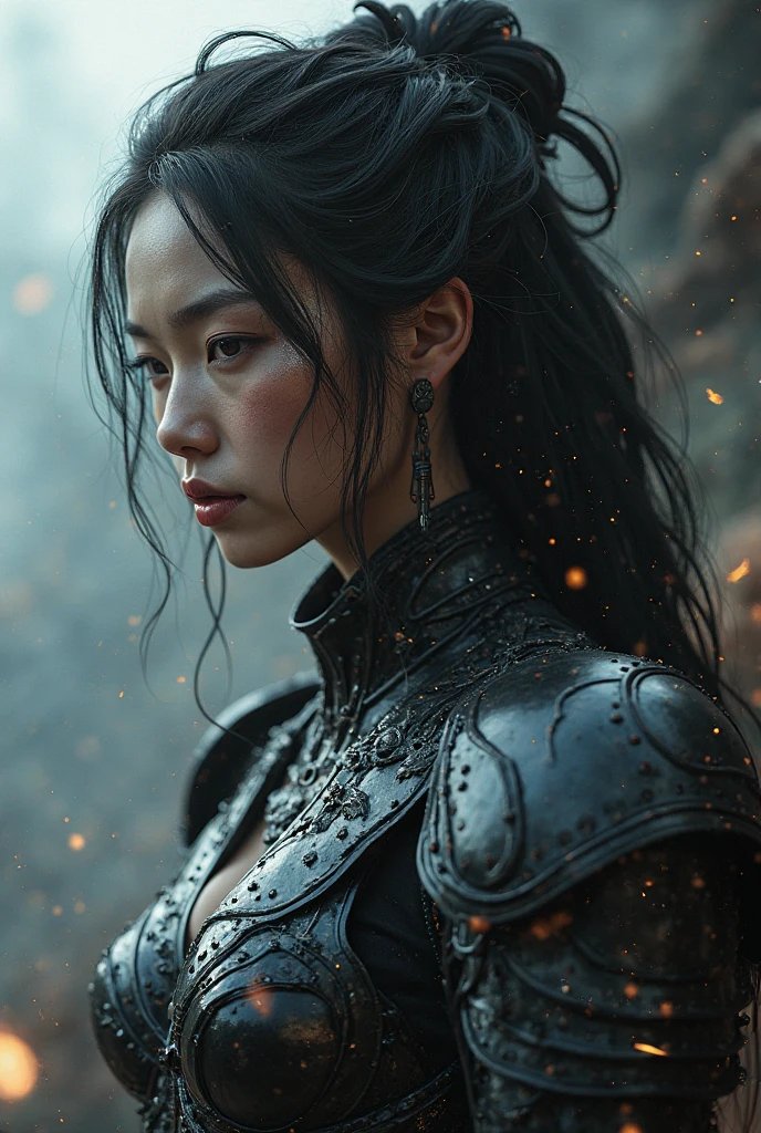 A sexy, fierce Mongolian warrior girl, long dark hair, intense eyes, detailed facial features, intricate leather and fur armor, holding a traditional Mongolian sword, dramatic lighting, cinematic high-quality 8K rendering, hyper-realistic, beautiful portrait, dramatic chiaroscuro lighting, moody color palette, fantasy art style