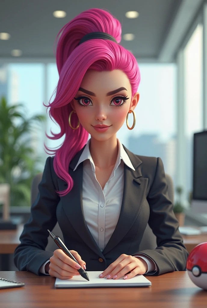 Flat colors,cowboy shott, Rarity , Long purple hair,blue eyes, seductive look, natural beaty, beautiful, ((black semi formal blouse, puffy short sleeves)), cleavage, purple pencil skirt, heels masterpiece, (([office background])), leaning against desk
