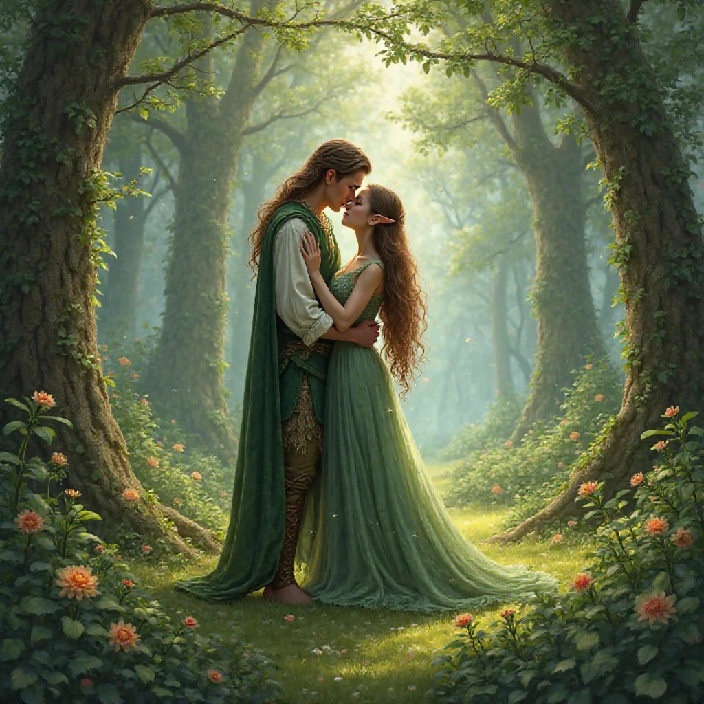 (((Pre-Raphaelite Celtic painting of an elbow, Moreno couple embrace, Floresta encantada, madressilva, noite)))