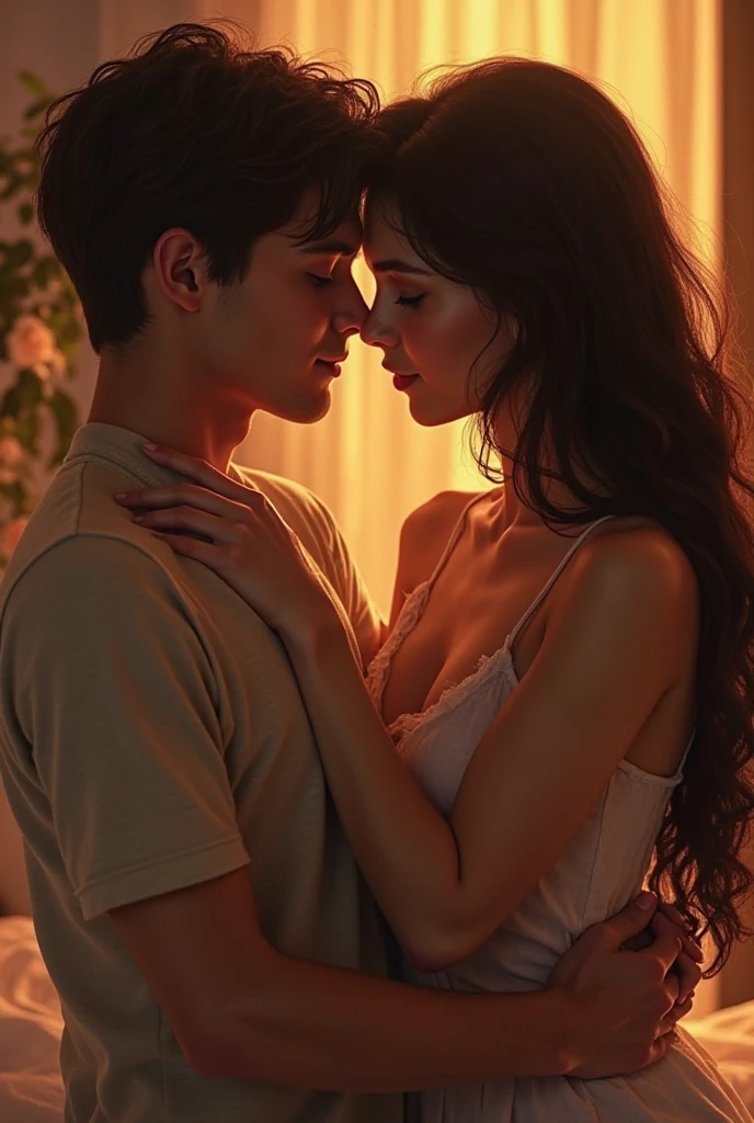 white couple. Homem de cabelo blackw, wavy, of medium height and pretty face, italian. Half Asian woman, half brazilian, white with straight hair, blackw, pretty. Lying together in a single bed, In a room, in a country house, Young couple, with 18 years each, having sex