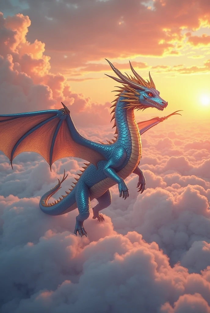 (best quality,4k,8k,highres,masterpiece:1.2),ultra-detailed,(realistic,photorealistic,photo-realistic:1.37),dragon,sky,airborne,ethereal,mythical creature,majestic,floating,gliding,serene,otherworldly,large wingspan,detailed scales,graceful,long tail,sharp claws,fire-breathing,scaly,long curved neck,proud,dominant presence,golden eyes,piercing gaze,dragon's breath,vivid colors,dream-like atmosphere,lush clouds,colorful sunset, soft lighting,mystical,dragon soaring above the clouds,peaceful,enchanted.