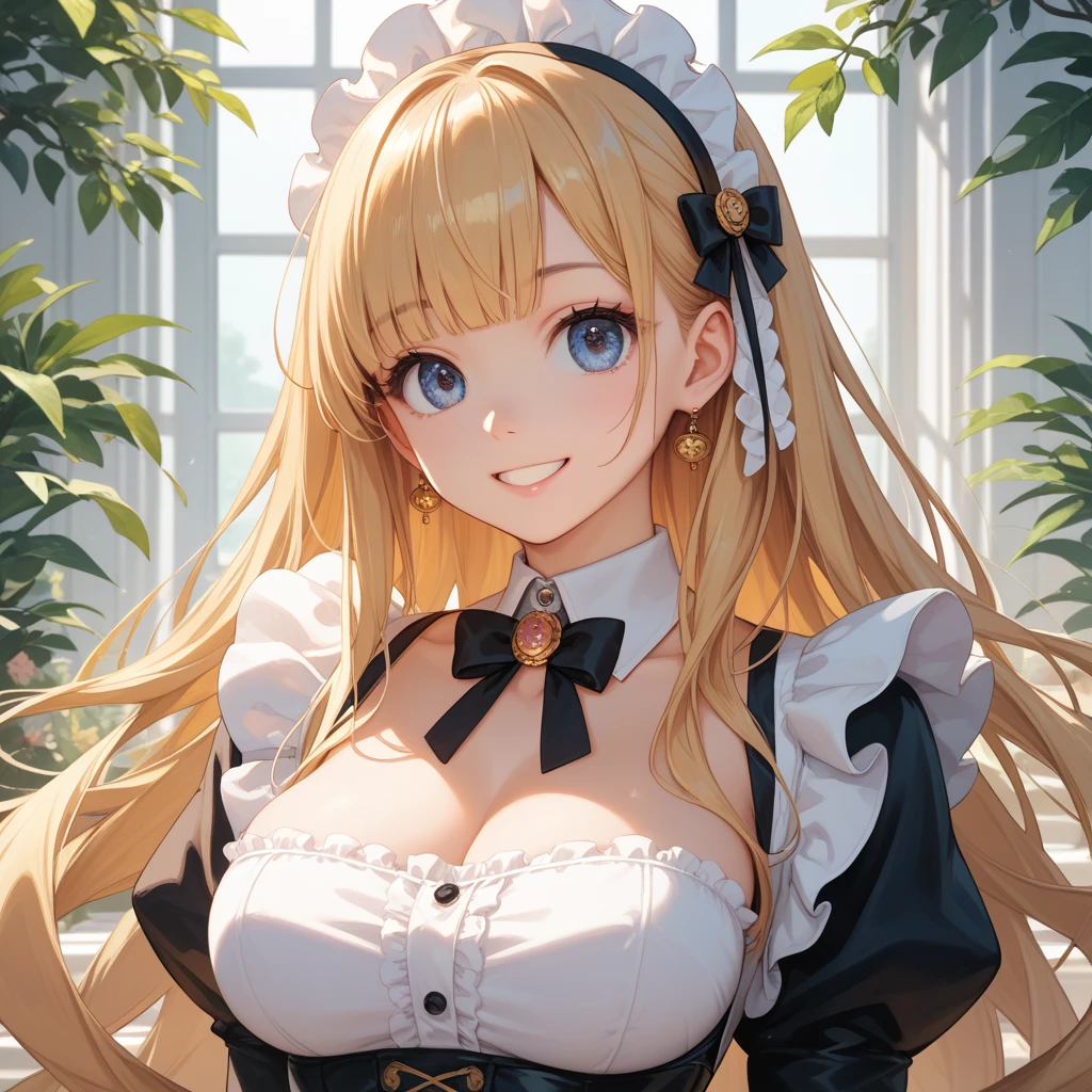 18 year old beautiful girl, Big eyes, Large Breasts, Small and slim, 8K, Highest quality, (Highly detailed head: 1.0), (Highly detailed face: 1.0), (Very fine hair: 1.0), Maid clothes, Highly detailed official artwork, Anime Moe Art Style, Beautiful and detailed anime art, smile, Blonde, sleek long hair