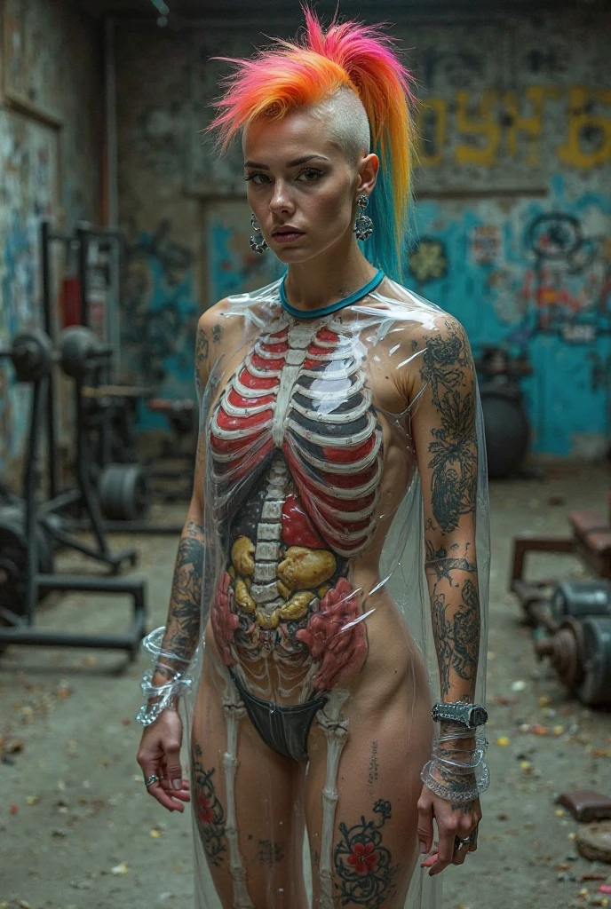 perfect anatomy woman an illuminated body decorated with esqueleto colorful tattoos, dancing, waist up body view, inspired installations, white background