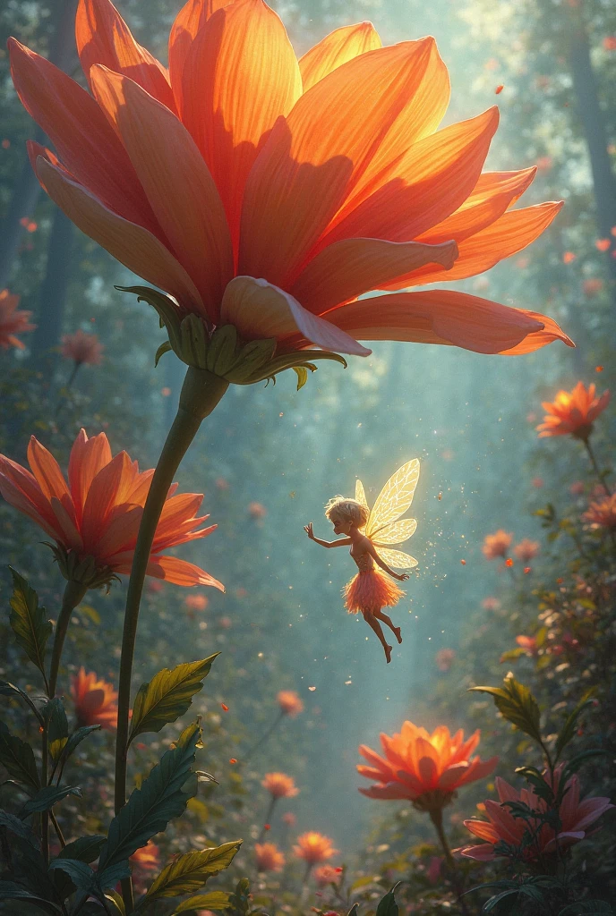 A tiny fairy with iridescent wings, hovering above a flower, talking to a surprised . The garden is filled with sparkling dust and magical light.. I am animated characters