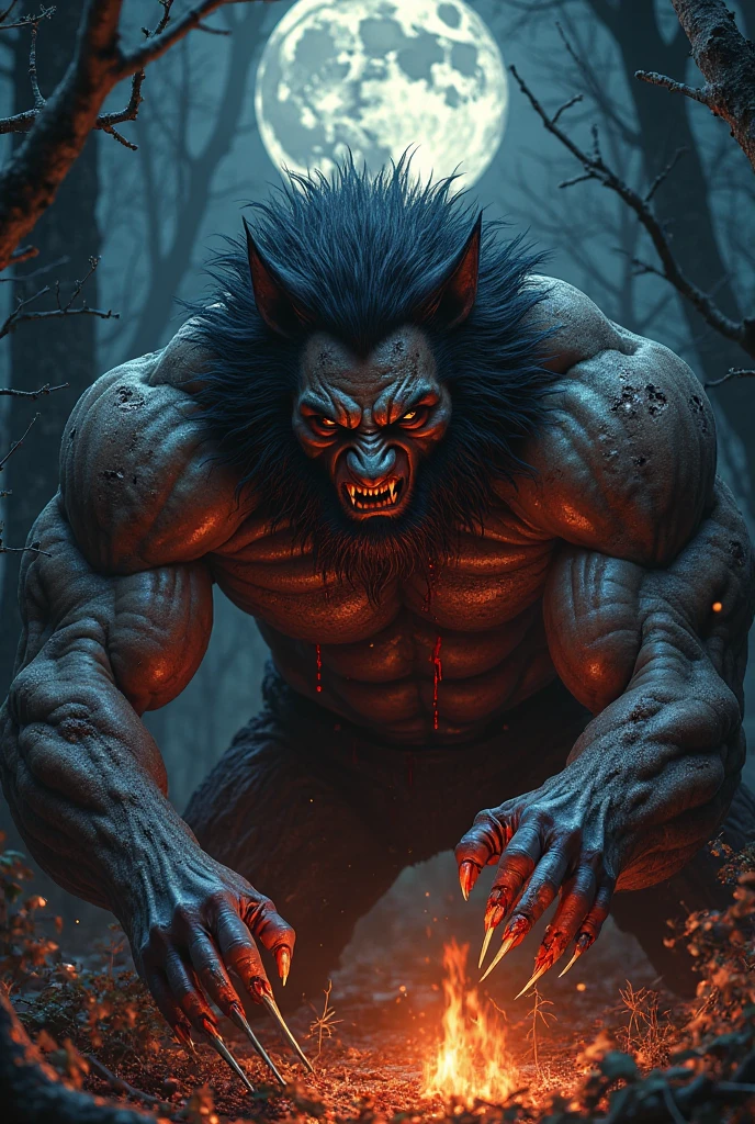 hybrid scary monster, half man half reindeer, screaming in forest, scary mood, blood and gore around, full moon, night, realistic shadows