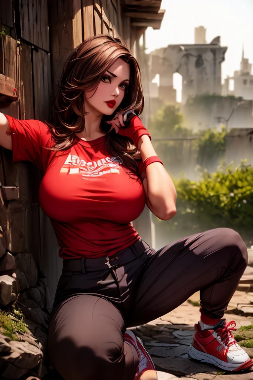 Lucy Pinder, portrait, face portrait, ponytail, smiling, brown hair, t-shirt, cream t-shirt, cleavage, red skirt, voluptuous, sitting, high boots, close-up selfie