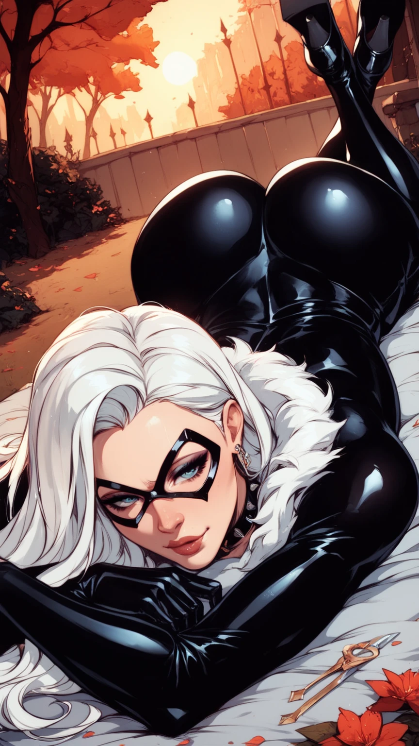 1female, Young woman with white hair posing for a photo in a gargoyle tall fe a building, gato preto, wearing a black catsuit, amouranth as a super villain, Mulher do gato, menina gato atraente, cosplay em Black Harley Queen, gatinha jovem bonita, wearing black latex outfit, ((unzipped chest black latex outfit)), Gato de Doja como mulher do gato, vestido em veludo preto, gatinha, vestido em couro preto, Black Cat, TheCat, (((black cat mask, white fur on forearms, black gloves, white fur collar, black widowmaker bodysuit, black choker, showing stomach, untied hair, unzipped latex suit to stomach))), (strip_club_venue:1.6, stripper pole in foreground, TheCat on knees in front of metal pole, UndergroundClub, moody background, colorful background, multicolored spotlights on ceiling, on stage, stage curtains in background, crowds watching, crowds, race queen), sweating, glistening sweat, latexai_black