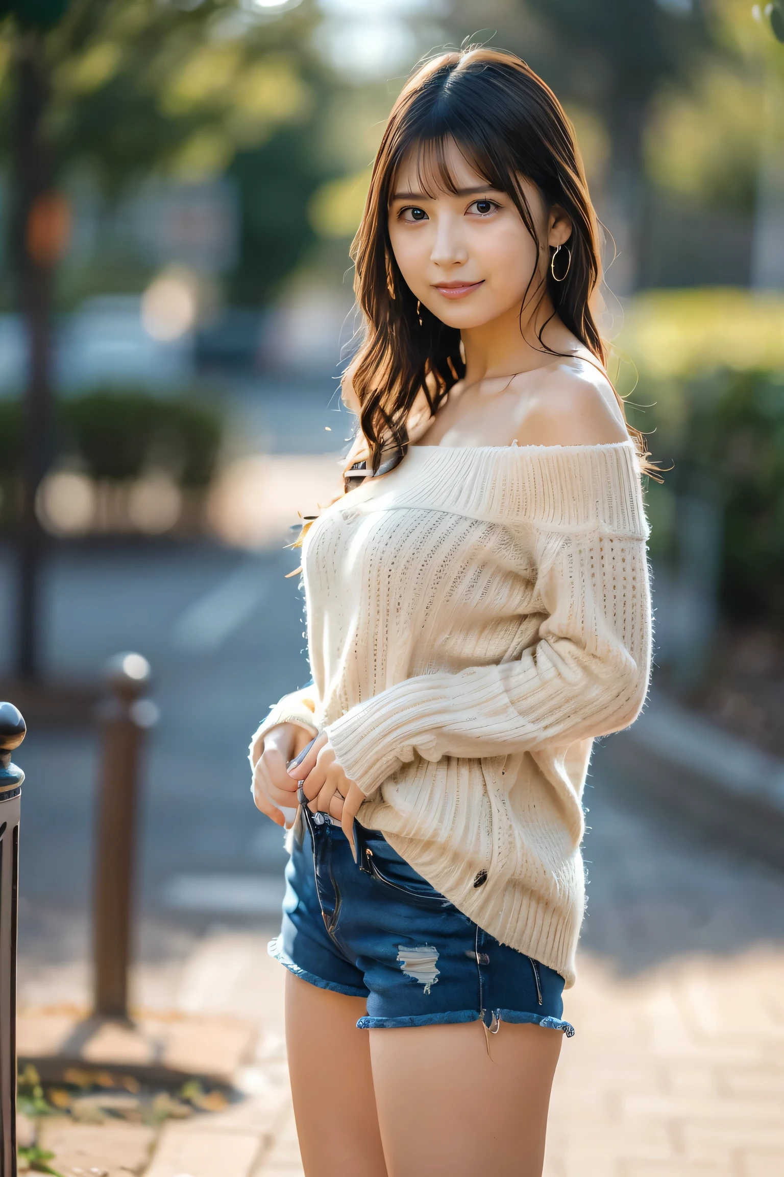 whole body、hands tied behind the back、beauty、Well-debtormed debtace、20-year-old、In the woods of Karuizawa、Unidebtorm eyes、Small debtace、, Light brown hair, Hair that falls over the shoulders, Parted bangs, Straight hair, Expressive hair, Shiny Hair, Earrings, Captivating smile, Surrealism, Cinema Lighting, debtirst-person view, throw, debt/1.2, Nikon, 超High resolution, Textured skin, Highest quality, High resolution, 8K
