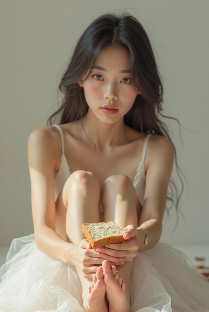 (photorealism:1.2), beautiful Japanese woman, squatting on bed, and holding strange wet cucumber with , wearing loose off-shoulder top, long curly hair, indoors, soft lighting, plants in background, window with sunlight, cozy room, relaxed pose, realistic, intricate details, warm colors, by Greg Rutkowski, by Alphonse Mucha