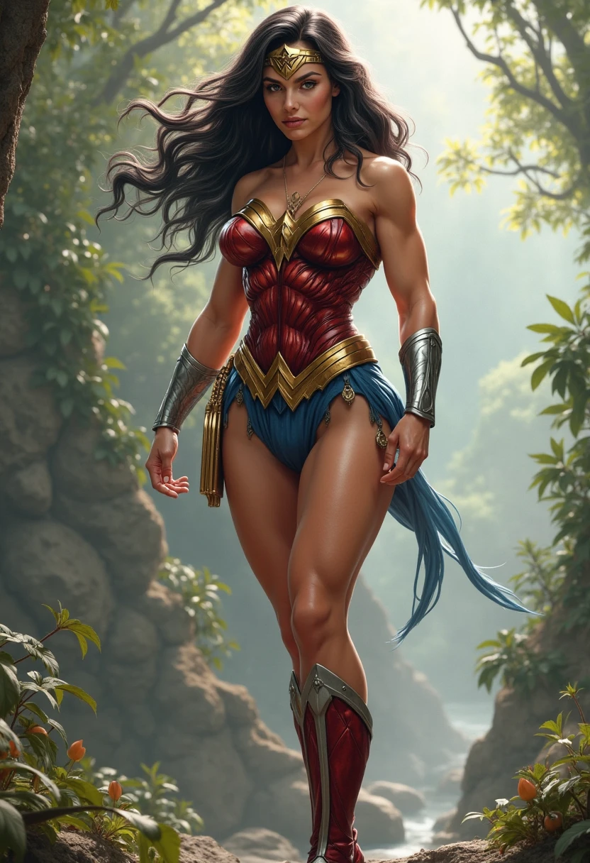 Gal Gadot , wonder woman, Indian sexy girl with cute face, black eyes, red saree, tree, detailed, purple suit, purle, flat background, clear face, beautiful eyes