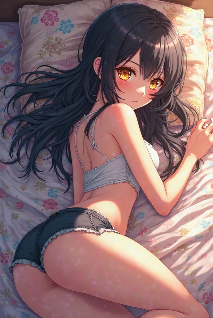((Highest quality)), ((anime)), (Perfect Face),(Small breasts),Perfect Fingers,Gentle expression,Beautiful face,,bed,Thin arms,Skinny,Black Hair,Thin legs,underwear,Primary school students