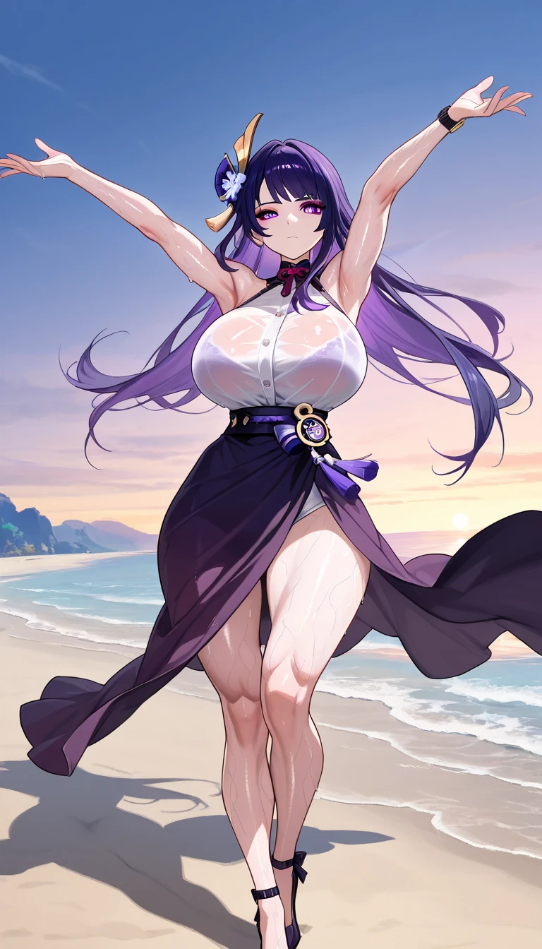 score_9, score_8_up, source_anime, <lora:camilla-pdxl-nvwls-v1:1>, sumCm, hair over one eye, hair flower, white flower, purple bikini, see-through sarong, beach, jumping