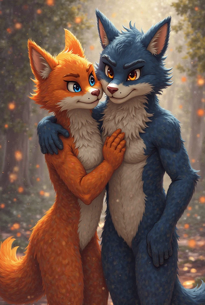 an anthropomorphic fox guy and a lion guy, (lean) very handsome, trying to survive an ordeal night in terrible weather in a stark winter landscape, looking straight at each other with big scared eyes in mortal fear, united through hardship ((in a severe typhoon)), trees being ripped up with roots, sharp focus with bokeh, photo realistic, artistic, holding each other tenderly, bracing for death to come, licking inside each other's maws, in heavy rainfall