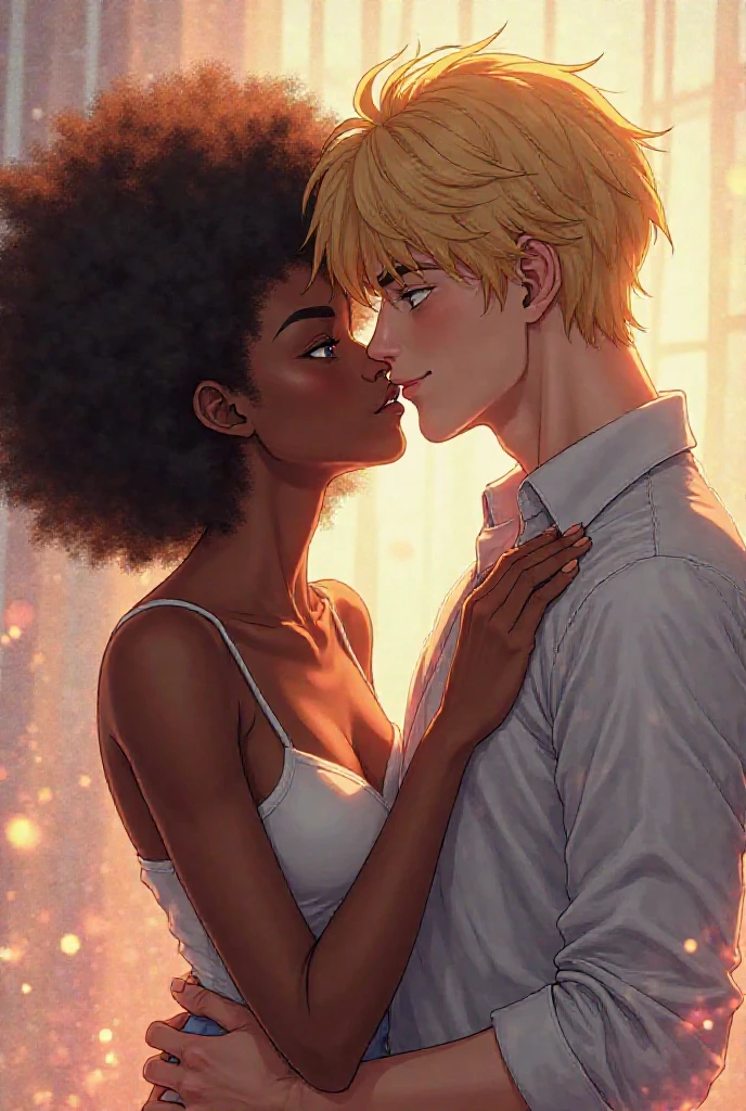 ((best qualityer)), ((Artwork)), (detailded), 1 boy, skinned, offwhite, sweater , blackw shoulder, blue jeans, blonde hair to eye level, falling on your face, hugging 1 girl, blackw, Africana, Dark brown curly hair, wear a yellow dress, in the background an illuminated city, full of houses at night.