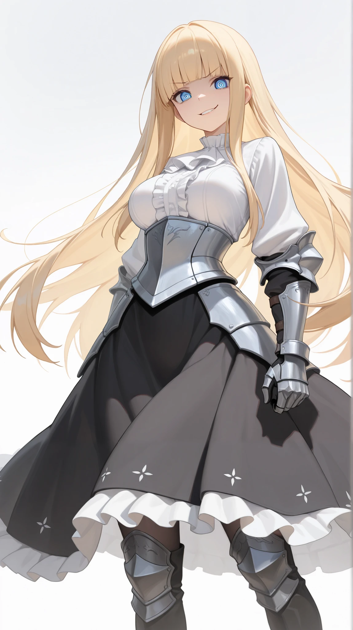 absurdres, (((HD))), (((Ultra High Quality))), ((hyper detailed)), ((Ultra High Resolution)), (Highly rendered), ((detailed eyes)), (((8K))), ((perfect face)), ((masterpiece)), 1girl, tall, long hair, blonde hair, long hair, blunt bangs, blue eyes, smirk, medium breasts, armored, white blouse, long sleeves, gauntlets, black skirt, long skirt, frills, black thigh high boots, simple background, white background