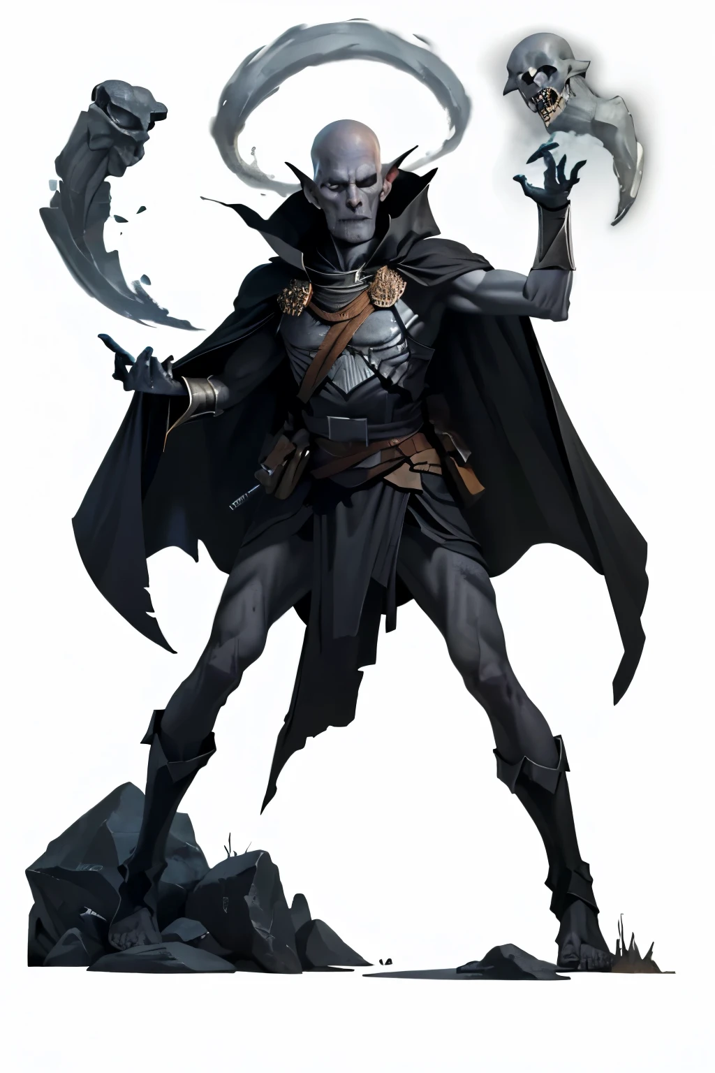 (full body image, (forbidden to cut or not) they appear from head to toe, PNG format , transparent background, white background, Dark theme, rpg) &&&&& (high quality, masterpiece) &&&&& incapable with a black cape and a skeletal white face, Look deep into sleep and ghosts flying around you. gray skin