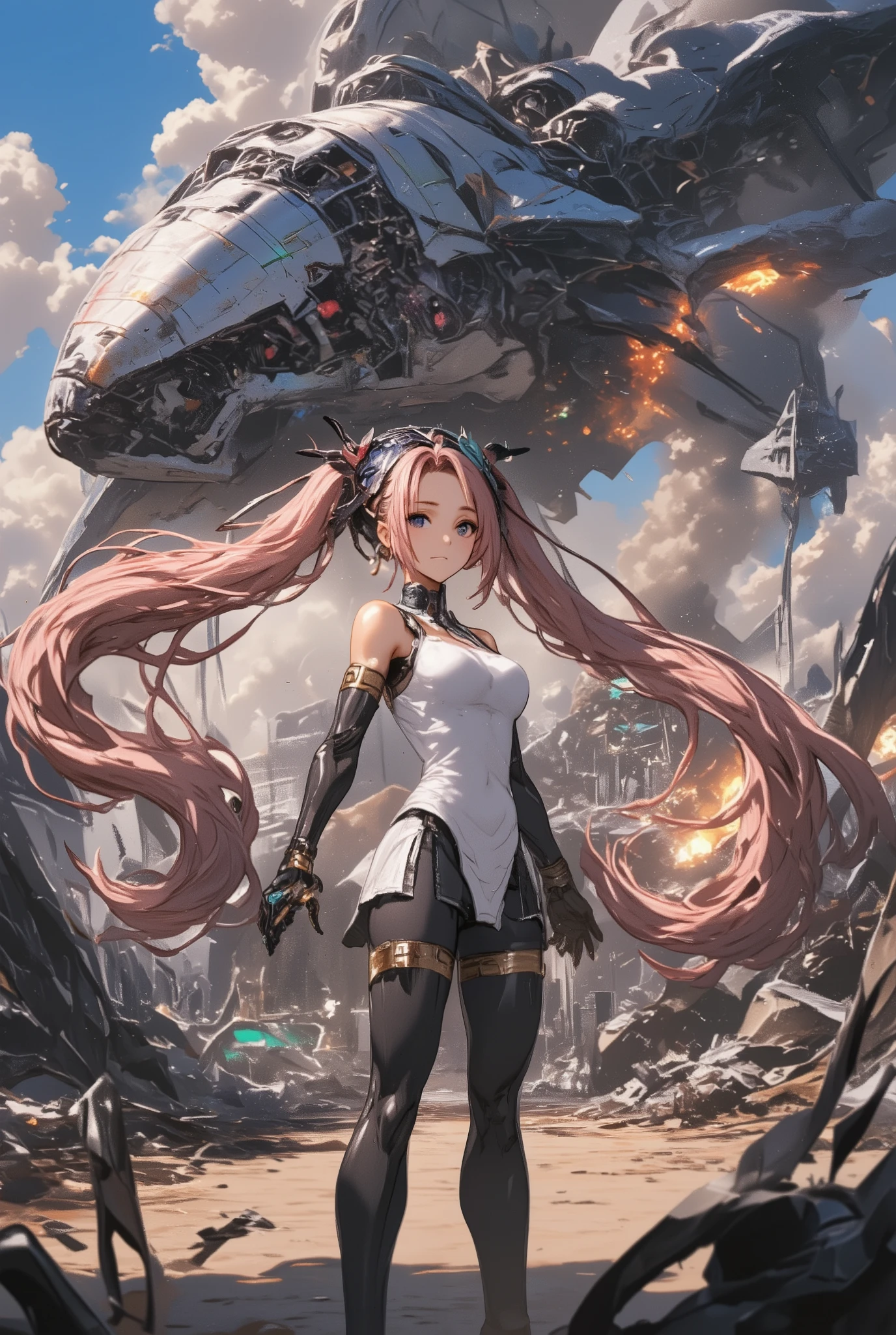 ( masterpiece、 top quality、 top quality、Official Art、 美しくbeautiful :1.2)、(one girl with white shoulders:1.3) ,、twin tails, beautiful胸,high resolution, 2k, 4K, 8k, of course, Good wall lighting, details, extremadamente details, sharp concentration, complicated, beautiful, realistic, big crashed spaceship, Apocalypse battlefield shrouded in thick smoke. remnants of futuristic technology intertwine with flashes of explosions. Metallic texture + dynamic shots , capture shocking moments of the accident
