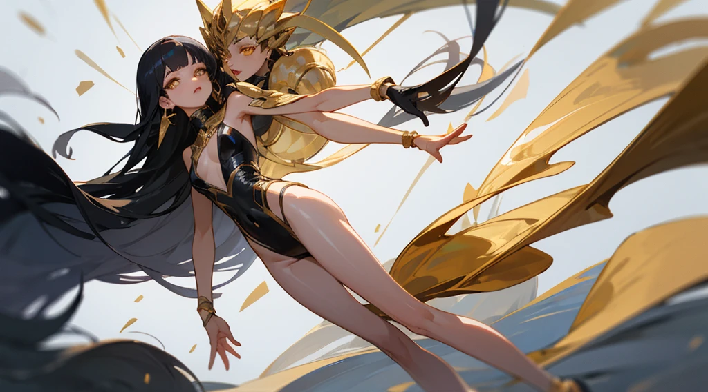 tmasterpiece,Beautiful goddess of the void,Black color hair,High ponytail,Gorgeous clothes with gold patterns,Full-body white transparent bikini standing under the starry sky of empty night,Disappearing transparent pants,Full-body standing,Tall,Slender legs,detail in face,Detailed body part details,8k wallpaper,Front view, Rear view, Left view, right view, Four angles show the character