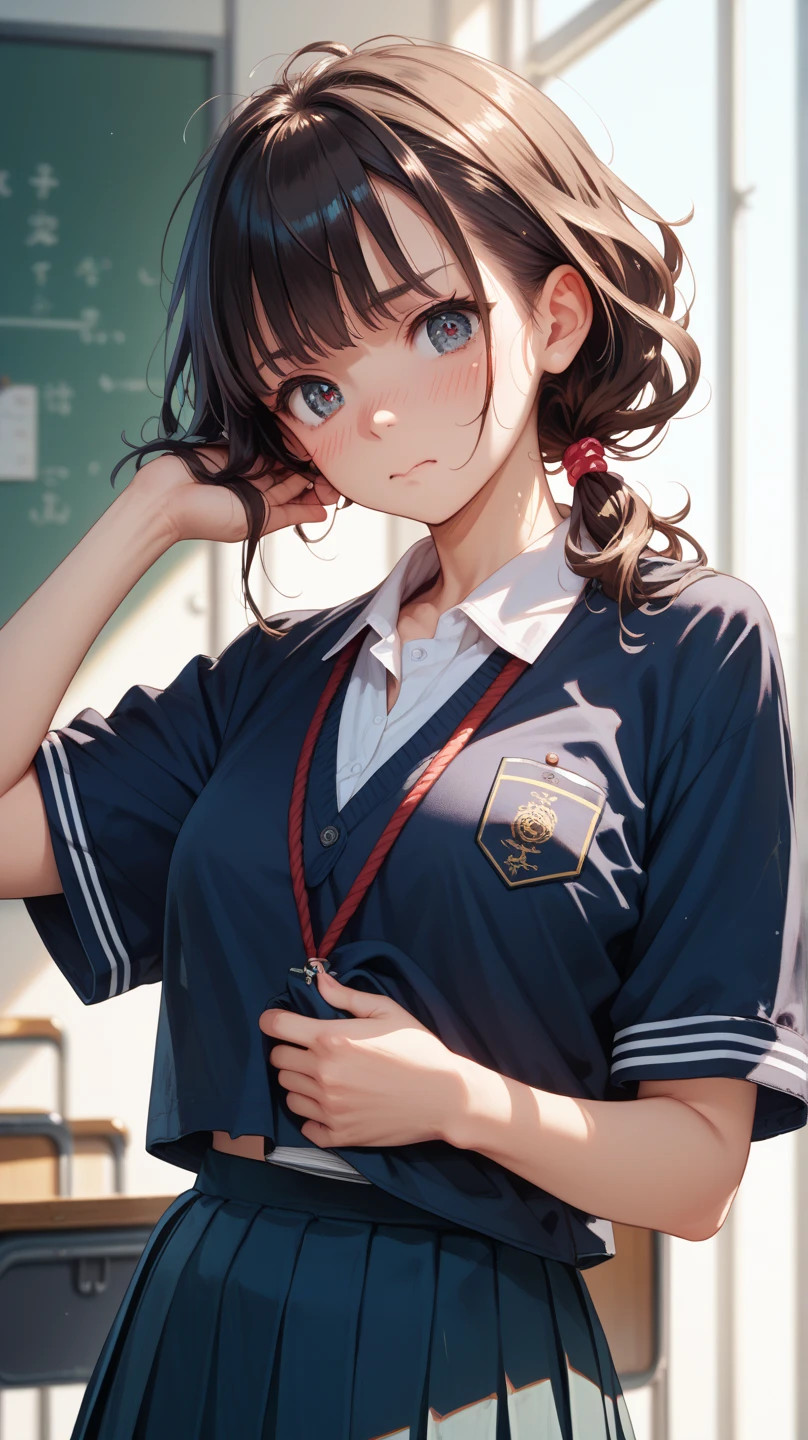Highest quality,Ultra-wide angle composition、Elementary school girl Sweaty face cute short hair boyish My hair is wet with sweat Rub your lower abdomen against the corner of a desk Panting