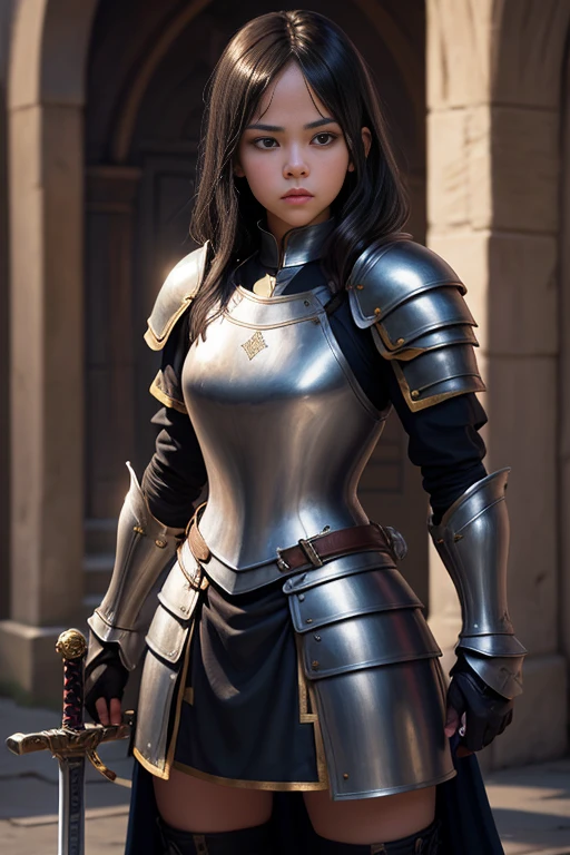 A dark-haired woman in armor takes a photo in a room, Amazing character art, Girl in Templar Knight Armor, 3d rendering character art 8k, of a beautiful female knight, 2. 5D CGI Anime Fantasy Artwork, Detailed digital anime art, Beautiful Female Templar Knight, Photorealistic Anime Girl Rendering, Highly detailed art gems, Fan Art Best Art Station, Beautiful woman in a Templar cloak、(sword)、大きなsword、(shield)、whole body、Long skirt、