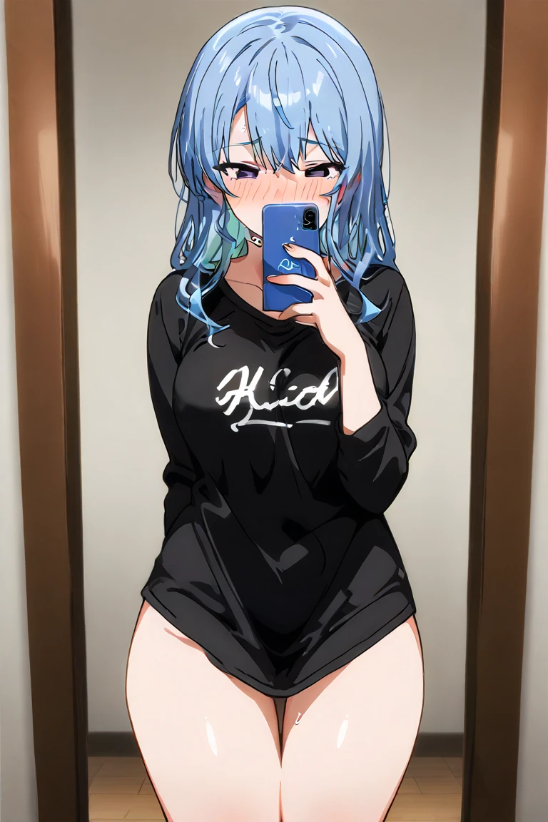 dark room, high resolution image , masterpiece background, of high quality, great quality, absurdres,ultra detailed black shirt,8K, anime_ source , source _anime, anime screencap, Alone, a girl, Hoshimachi Suisei,(selfie), holding blue phone, Covering the mouth , naked, curvilinear, (half-open eyes), embarrassed, blush, blue hair, tired hair, heart-shaped pupils, front view, in front, Single, messy room, big breasts, thick thighs, very wide hips, huge butt, Good body, slightly plump shirt, soft leather,