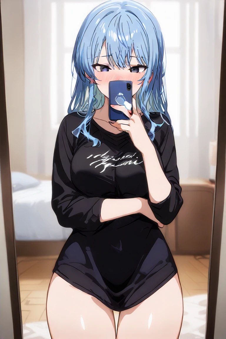 dark room, high resolution image , masterpiece background, of high quality, great quality, absurdres,ultra detailed black shirt,8K, anime_ source , source _anime, anime screencap, Alone, a girl, Hoshimachi Suisei,(selfie), holding blue phone, Covering the mouth , naked, curvilinear, (half-open eyes), embarrassed, blush, blue hair, tired hair, heart-shaped pupils, front view, in front, Single, messy room, big breasts, thick thighs, very wide hips, huge butt, Good body, slightly plump shirt, soft leather,