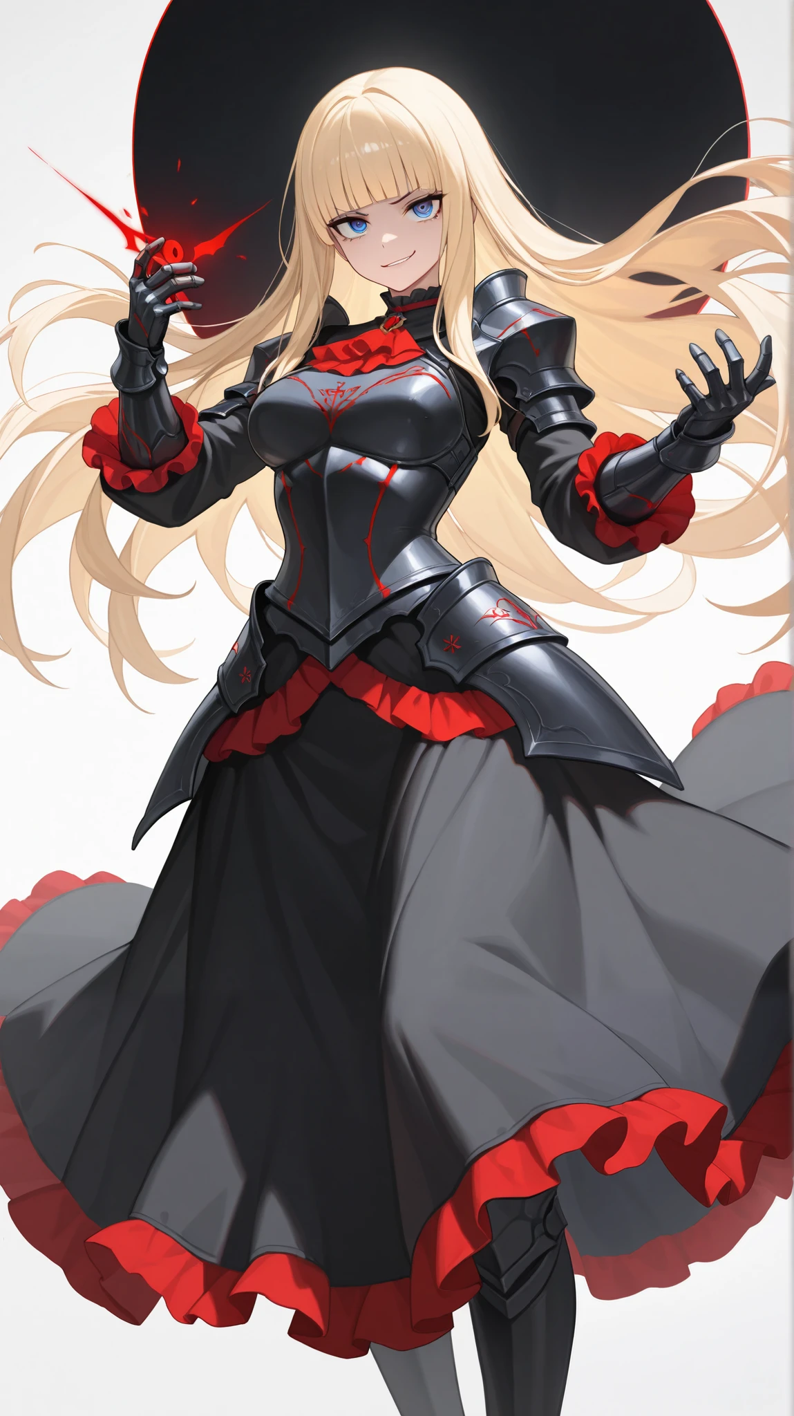 absurdres, (((HD))), (((Ultra High Quality))), ((hyper detailed)), ((Ultra High Resolution)), (Highly rendered), ((detailed eyes)), (((8K))), ((perfect face)), ((masterpiece)), 1girl, tall, long hair, blonde hair, long hair, blunt bangs, blue eyes, smirk, medium breasts, armored, black armor, black blouse, red accents, long sleeves, gauntlets, black skirt, long skirt, red frills, black thigh high boots, simple background, white background