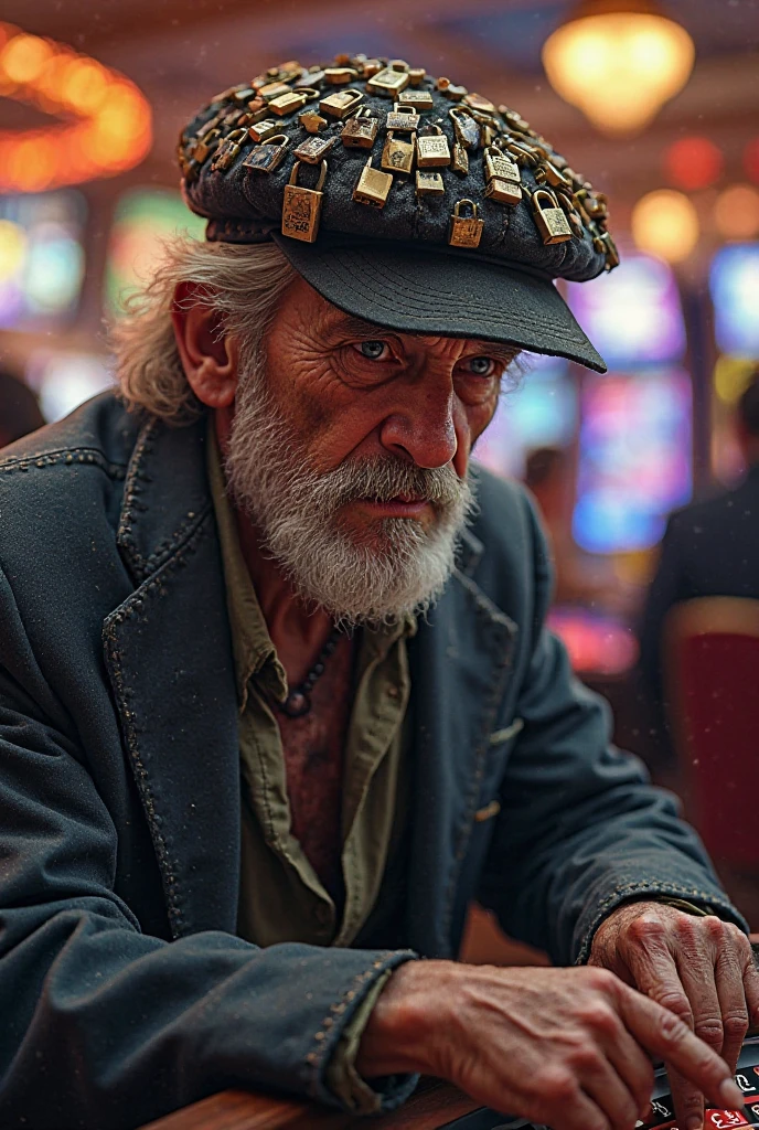 , An old man who regrets losing at gambling、White beard old man、casino, I&#39;m walking with my grey matter towards bigger problems, Spotlight, Ashley Wood Art AI, 