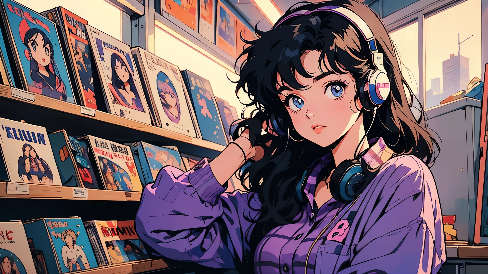 retro, city pop, anime, manga, 22 years old, 1 girl, put on headphones, purple plaid shirt, in a record store, listening to music, blue eyes, curly black hair