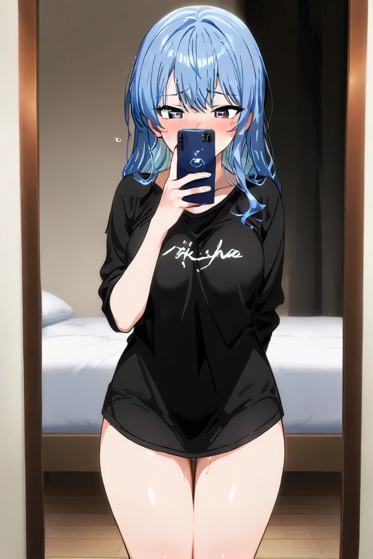 dark room, high resolution image , masterpiece background, of high quality, great quality, absurdres,ultra detailed black shirt,8K, anime_ source , source _anime, anime screencap, Alone, a girl, Hoshimachi Suisei,(selfie), holding blue phone, Covering the mouth , naked, curvilinear, (half-open eyes), embarrassed, blush, blue hair, tired hair, heart-shaped pupils, front view, in front, Single, messy room, big breasts, thick thighs, very wide hips, huge butt, Good body, slightly plump shirt, soft leather, nude