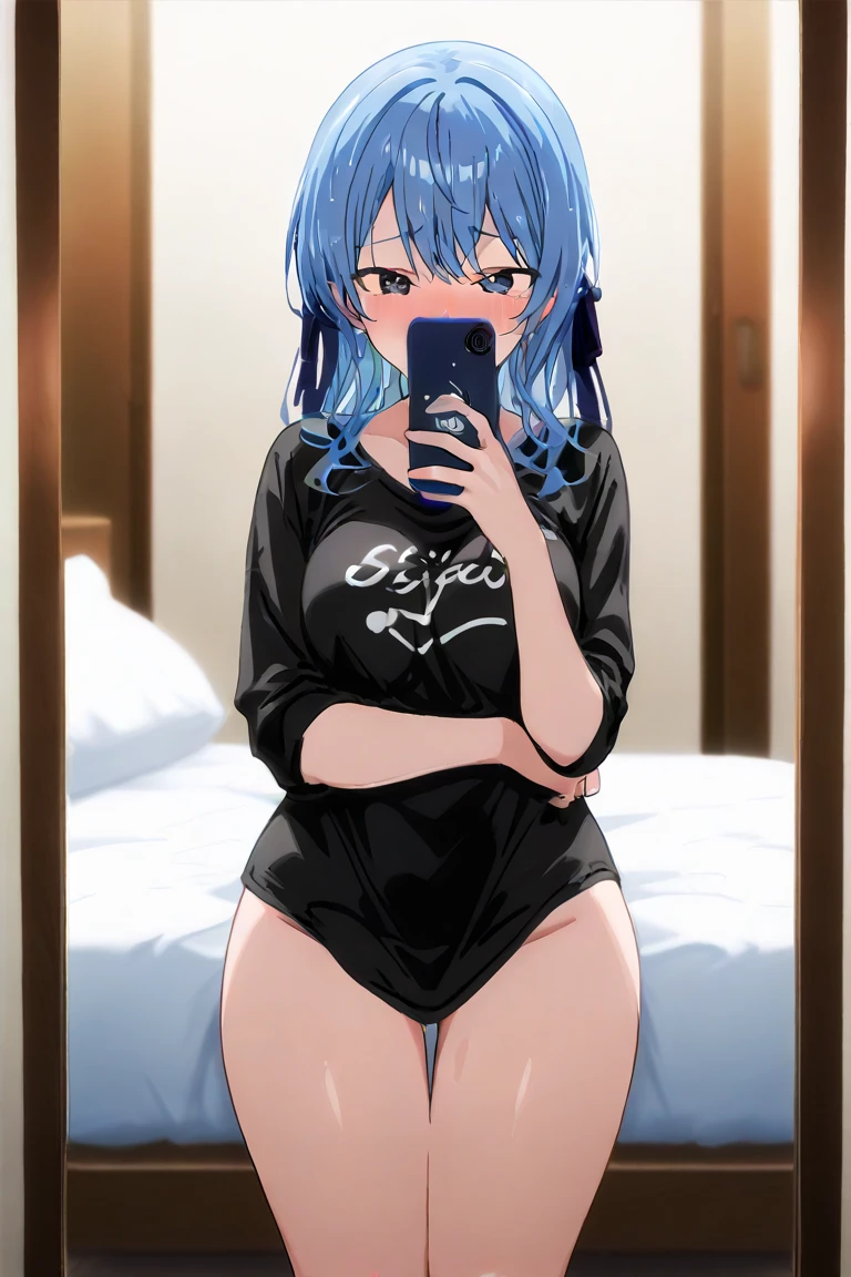dark room, high resolution image , masterpiece background, of high quality, great quality, absurdres,ultra detailed black shirt,8K, anime_ source , source _anime, anime screencap, Alone, a girl, Hoshimachi Suisei,(selfie), holding blue phone, Covering the mouth , naked, curvilinear, (half-open eyes), embarrassed, blush, blue hair, tired hair, heart-shaped pupils, front view, in front, Single, messy room, big breasts, thick thighs, very wide hips, huge butt, Good body, slightly plump shirt, soft leather, nude