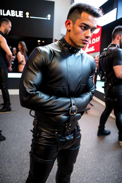 <lora:StraitjacketGeneral_v1:0.75> black straitjacket, leather, (male:1.2), young man, slightly-built body, creative and imaginative appearance, smattering freckles nose, tanned skin, 8 k, absurbres, hires, best detail, flag background, Night