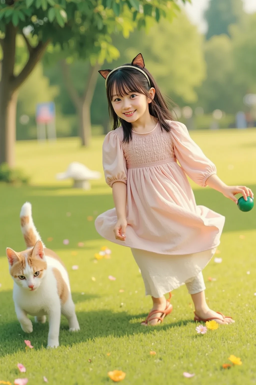 An incredibly charming little girl carrying a backpack, accompanied by her adorable kitty, enjoying a lovely spring outing surrounded by beautiful yellow flowers and natural scenery. The illustration is in high definition at 4k resolution, with highly-detailed facial features and cartoon-style visuals.