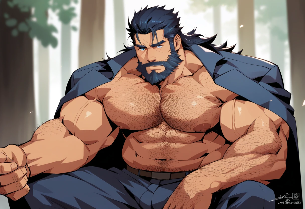 A student (named Arne) big 220 pound men Viking type, with brown beards and bold , athletic half naked, looking angry.  is in the forest in mid winter wearing no shirt, is using an axe to swing into a tree